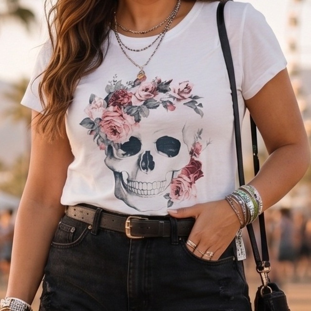 Freeze Jrs XL White Floral Skull Graphic Tee Short Sleeve Crew Neck T Shirt Goth